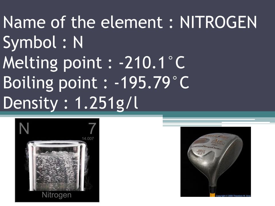 Name of the element : CARBON Symbol : C Melting point : 3550°C Boiling point : 4027°C Density : 2.26g/cm 3