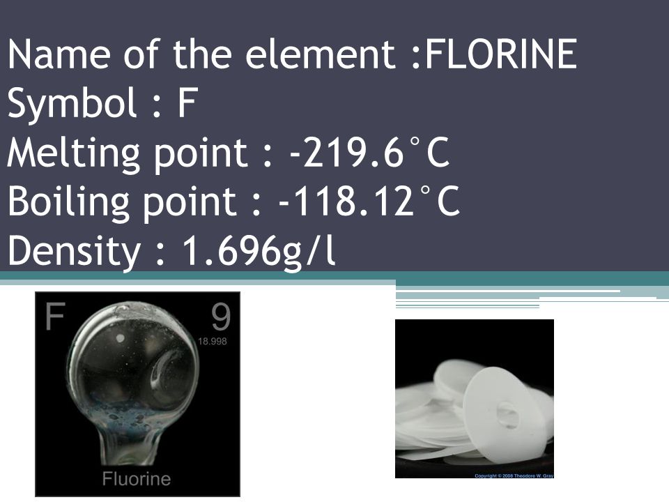 Name of the element : OXYGEN Symbol : O Melting point : °C Boiling point : °C Density : 1.429g/l