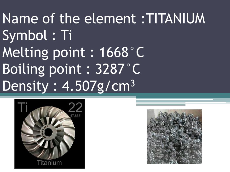 Name of the element : SCANDIUM Symbol : Sc Melting point : 1541°C Boiling point : 2830°C Density : 2.985g/cm 3