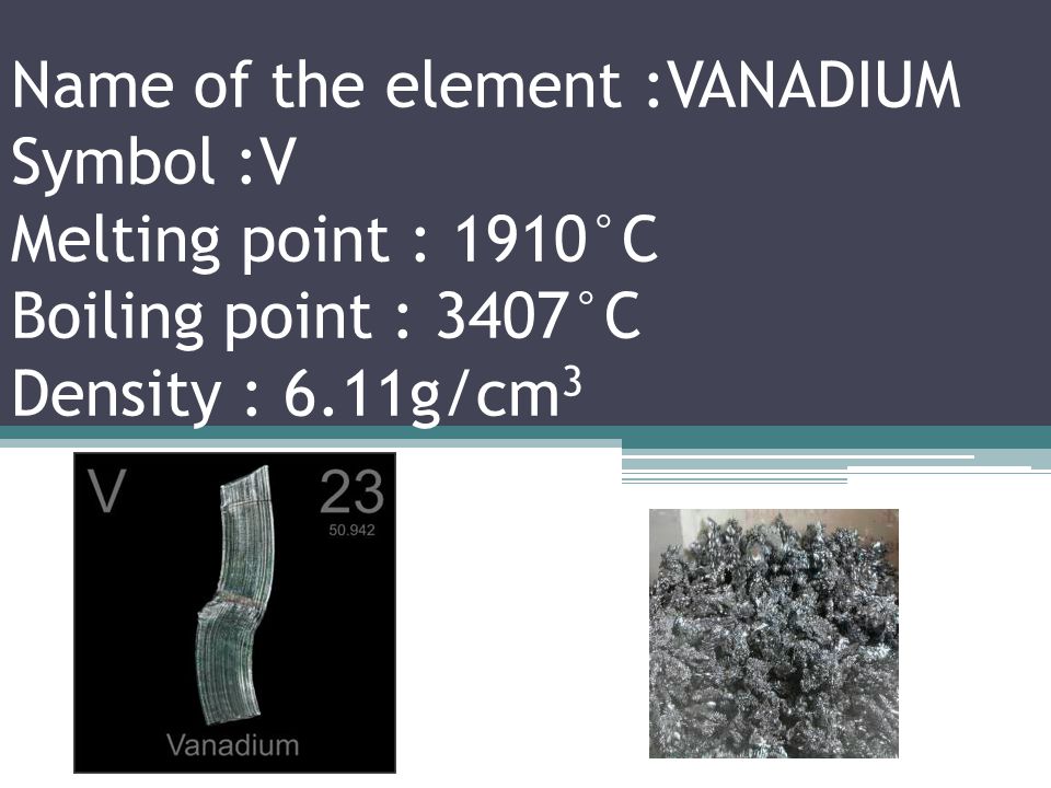 Name of the element :TITANIUM Symbol : Ti Melting point : 1668°C Boiling point : 3287°C Density : 4.507g/cm 3