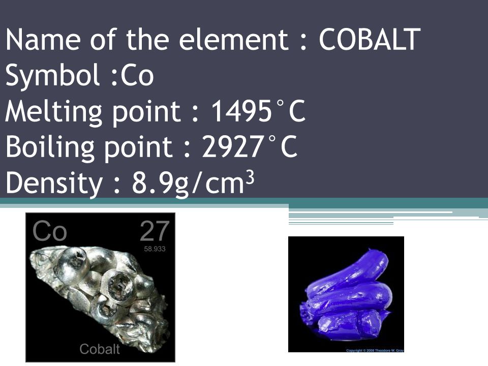 Name of the element : IRON Symbol : Fe Melting point : 1538°C Boiling point : 2861°C Density : 7.874g/cm 3