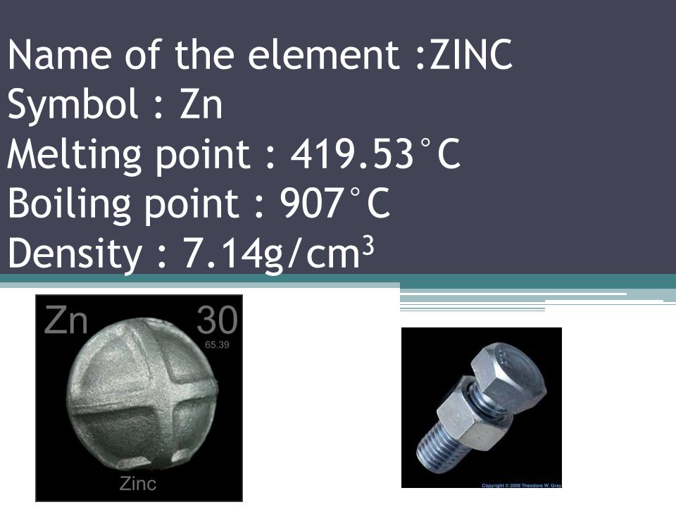 Name of the element : COPPER Symbol : Cu Melting point : °C Boiling point : 2927°C Density : 8.920g/cm 3