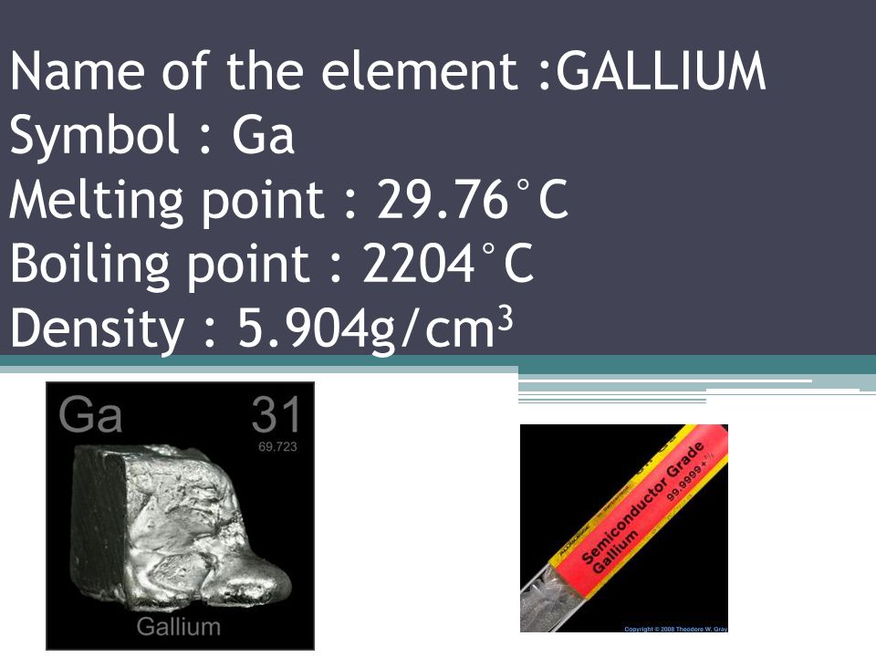 Name of the element :ZINC Symbol : Zn Melting point : °C Boiling point : 907°C Density : 7.14g/cm 3