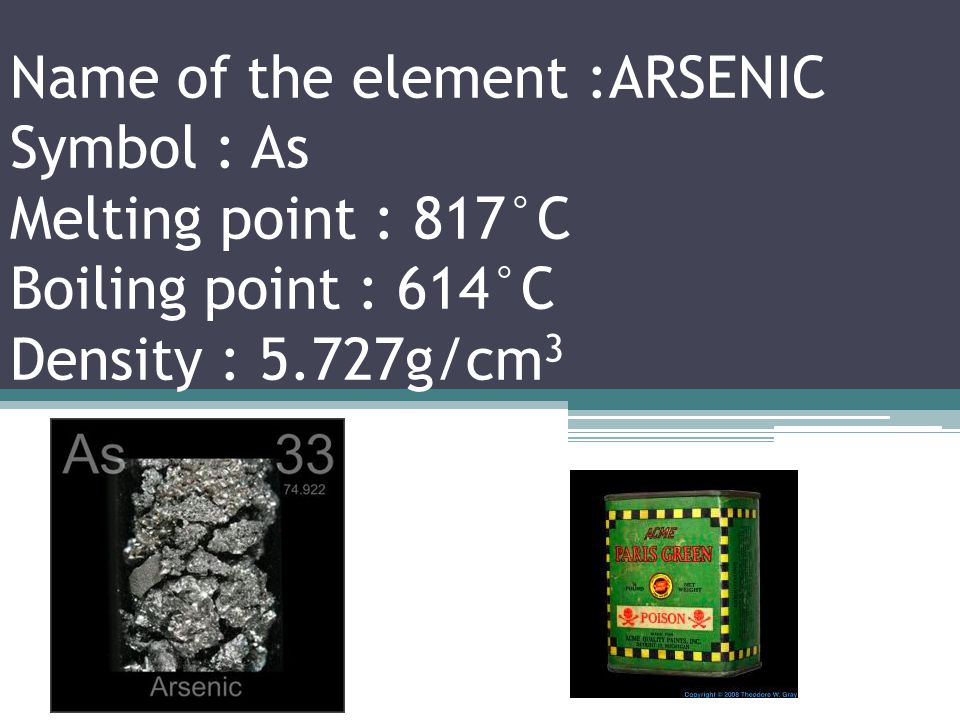 Name of the element :GERMANIUM Symbol : Ge Melting point : 938.3°C Boiling point : 2820°C Density : 5.323g/cm 3