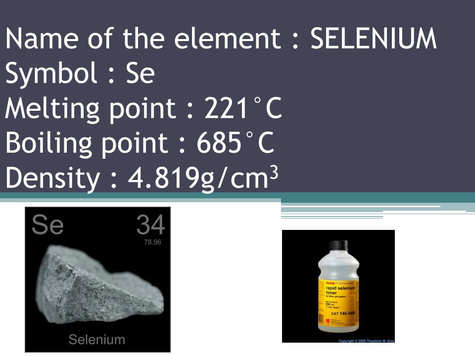 Name of the element :ARSENIC Symbol : As Melting point : 817°C Boiling point : 614°C Density : 5.727g/cm 3