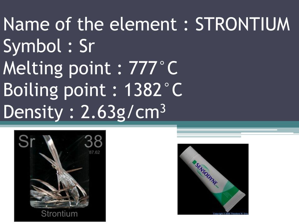 Name of the element : RUBIDIUM Symbol : Rb Melting point : 39.31°C Boiling point : 688°C Density : 1.532g/cm 3