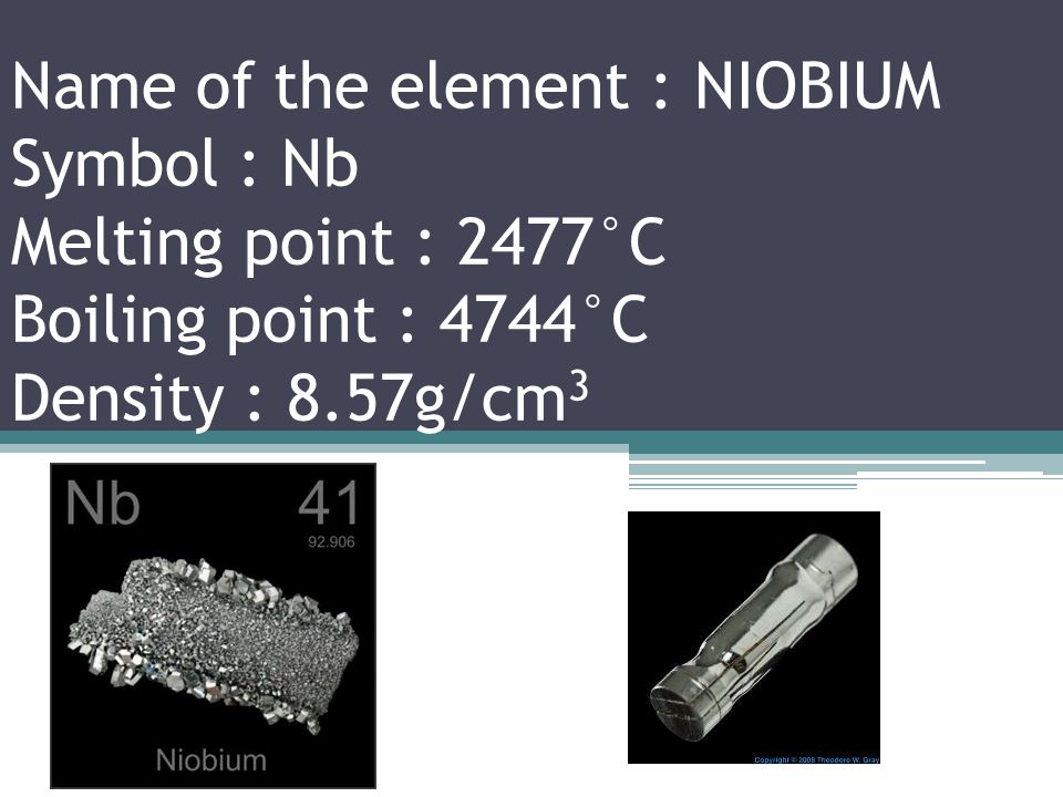 Name of the element : ZIRCONIUM Symbol : Zr Melting point : 1855°C Boiling point : 4409°C Density : 6.511g/cm 3