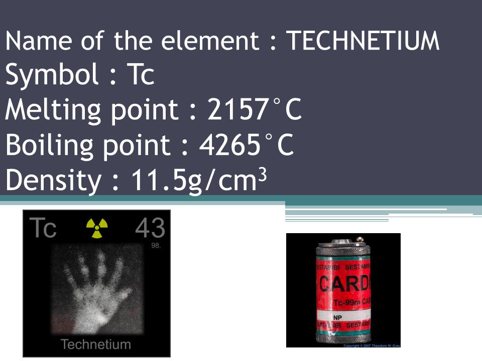 Name of the element : MOLYBDEIUM Symbol : No Melting point : 2623°C Boiling point : 4639°C Density : 10.28g/cm 3