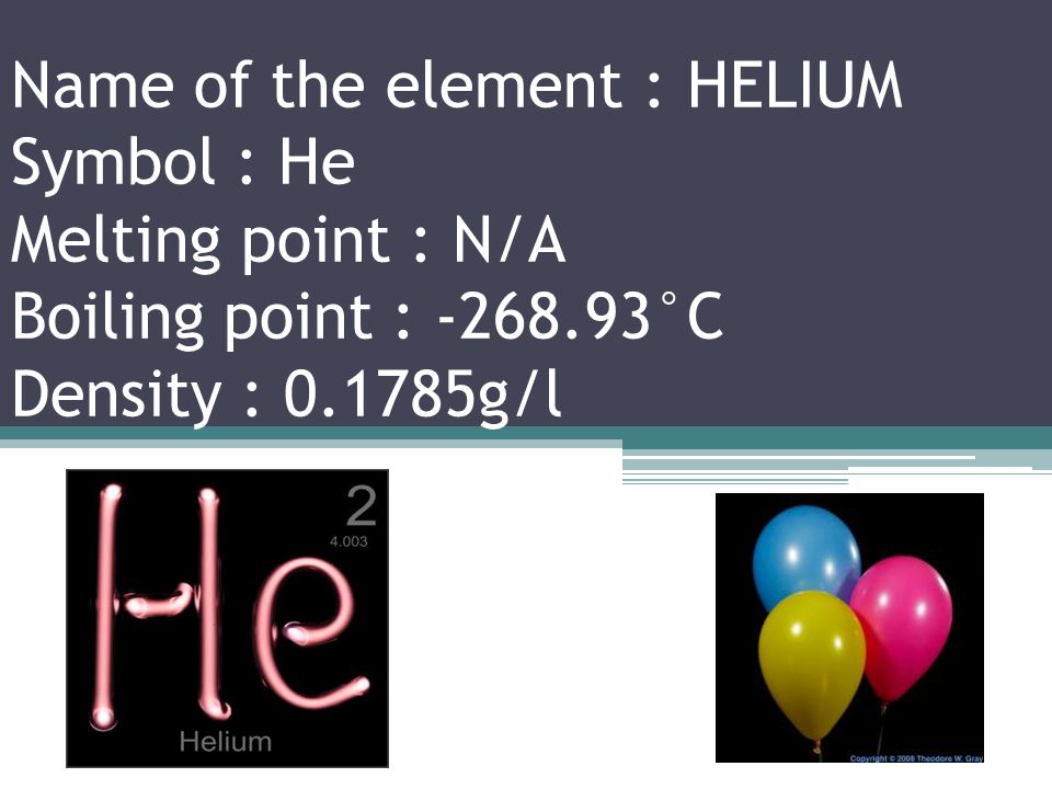 Name of the element : HYDROGEN Symbol : H Melting point : °C Boiling point : °C Density : g/l