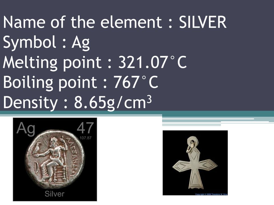 Name of the element : PALLADIUM Symbol : Pd Melting point : °C Boiling point : 2963°C Density : g/cm 3