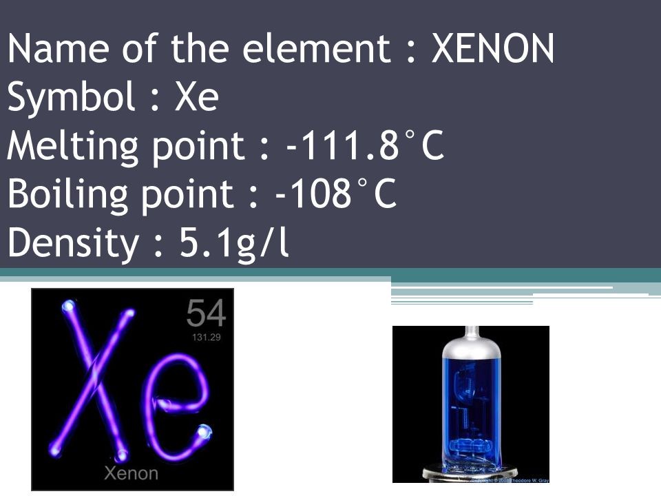 Name of the element : IODINE Symbol : I Melting point : 113.7°C Boiling point : 184.3°C Density : 4.94g/cm 3