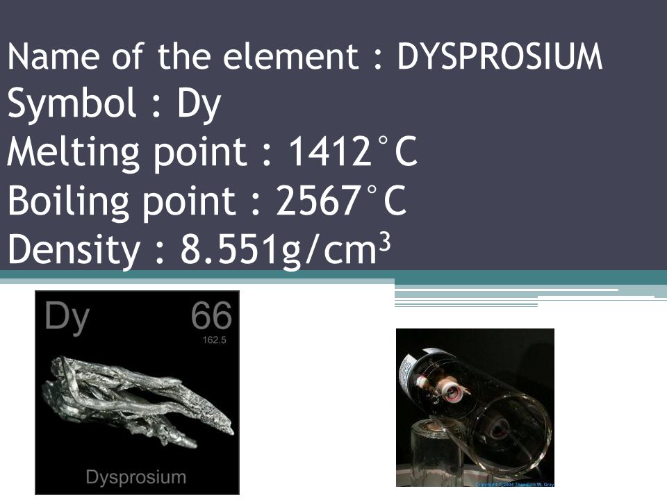 Name of the element : TERBIUM Symbol : Tb Melting point : 1356°C Boiling point : 3230°C Density : 8.219g/cm 3