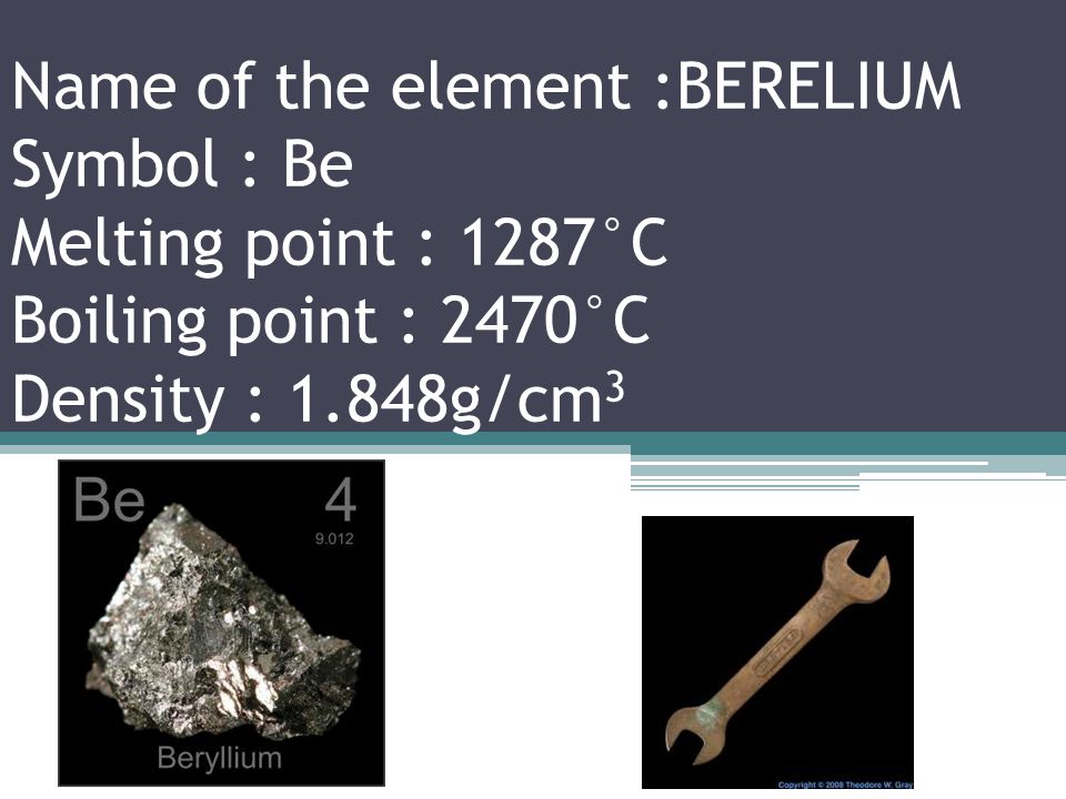 Name of the element : LITHIUM Symbol : Li Melting point : °C Boiling point : 1342°C Density : 0.535g/cm 3
