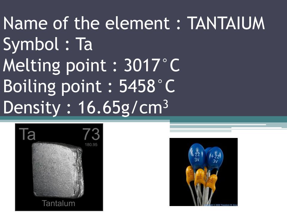 Name of the element :HAFNIUM Symbol : Hf Melting point : 2233°C Boiling point : 4603°C Density : 13.31g/cm 3