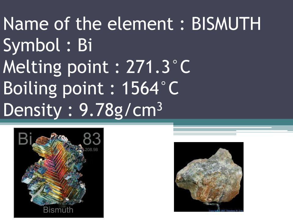 Name of the element : LEAD Symbol : Pb Melting point : °C Boiling point : 1749°C Density : 11.34g/cm 3