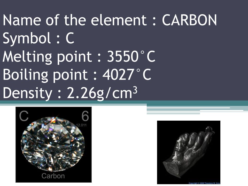 Name of the element : BORON Symbol : B Melting point : 2075°C Boiling point : 4000°C Density : 1.848g/cm 3