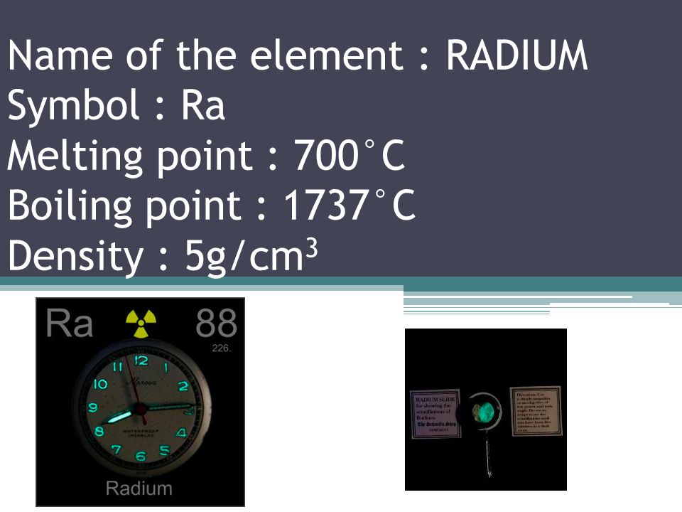 Name of the element : FRANCIUM Symbol : Fr Melting point : N/A°C Boiling point : N/A°C Density : N/A g/cm 3