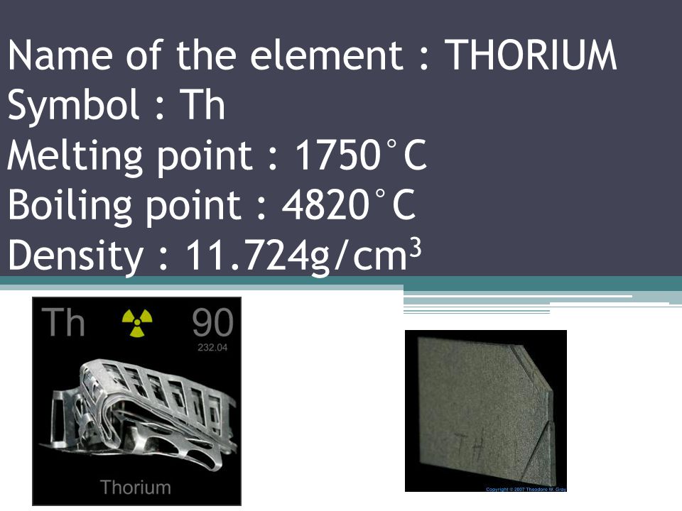Name of the element : ACTINIUM Symbol : Ac Melting point : 1050°C Boiling point : 3200°C Density : 10.07g/cm 3