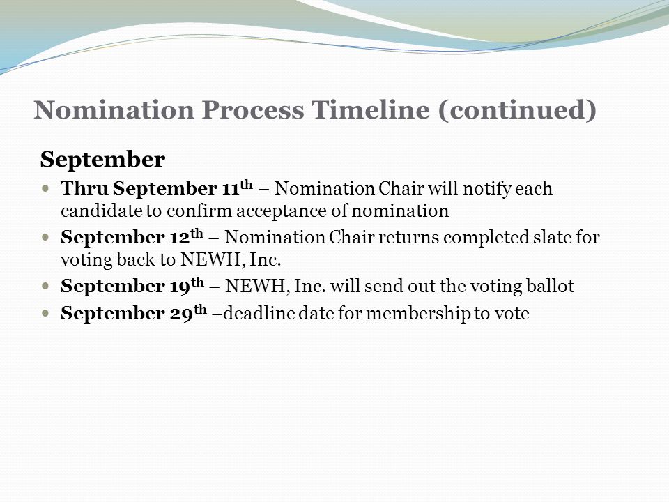 Nomination Process Timeline (continued) September Thru September 11 th – Nomination Chair will notify each candidate to confirm acceptance of nomination September 12 th – Nomination Chair returns completed slate for voting back to NEWH, Inc.