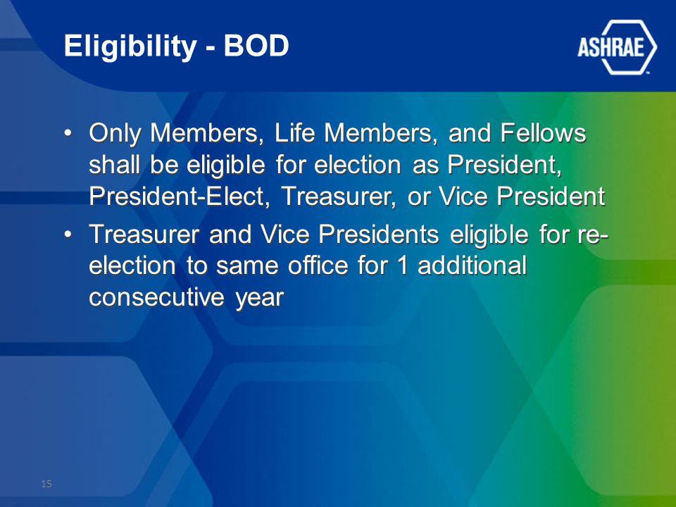 Eligibility - BOD Only Members, Life Members, and Fellows shall be eligible for election as President, President-Elect, Treasurer, or Vice President Treasurer and Vice Presidents eligible for re- election to same office for 1 additional consecutive year Only Members, Life Members, and Fellows shall be eligible for election as President, President-Elect, Treasurer, or Vice President Treasurer and Vice Presidents eligible for re- election to same office for 1 additional consecutive year 15