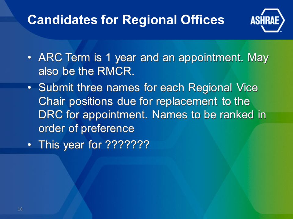 Candidates for Regional Offices ARC Term is 1 year and an appointment.