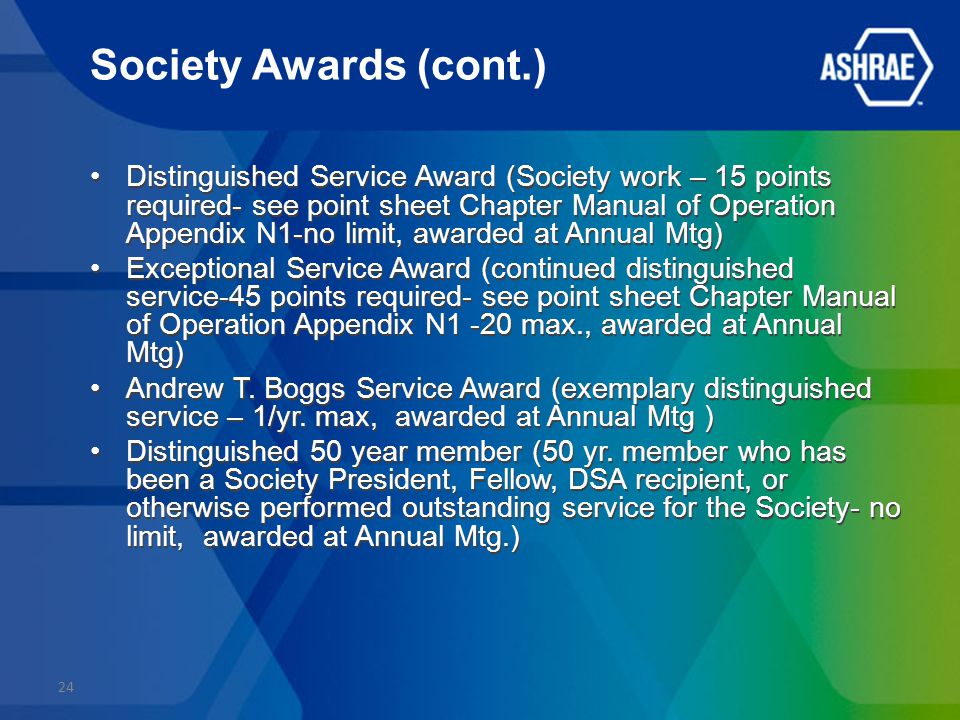 Society Awards (cont.) Distinguished Service Award (Society work – 15 points required- see point sheet Chapter Manual of Operation Appendix N1-no limit, awarded at Annual Mtg) Exceptional Service Award (continued distinguished service-45 points required- see point sheet Chapter Manual of Operation Appendix N1 -20 max., awarded at Annual Mtg) Andrew T.
