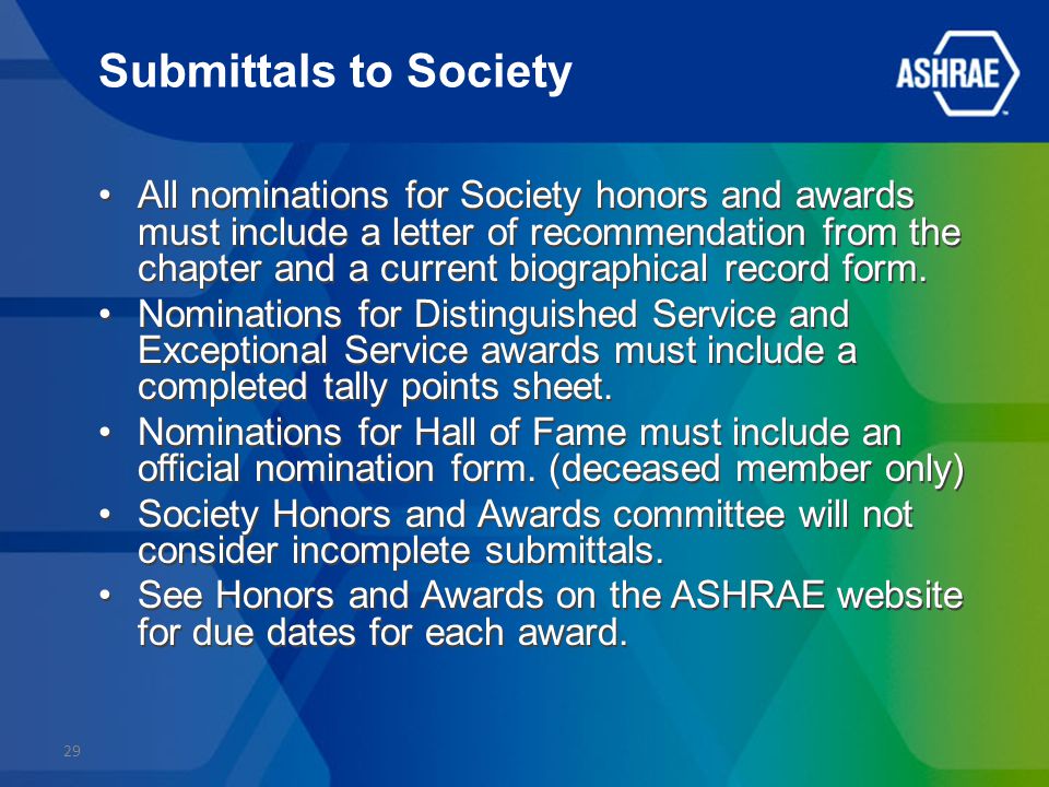 Submittals to Society All nominations for Society honors and awards must include a letter of recommendation from the chapter and a current biographical record form.