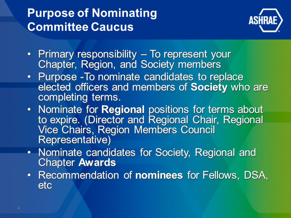Purpose of Nominating Committee Caucus Primary responsibility – To represent your Chapter, Region, and Society members Purpose -To nominate candidates to replace elected officers and members of Society who are completing terms.