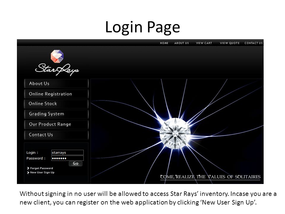 Login Page Without signing in no user will be allowed to access Star Rays’ inventory.