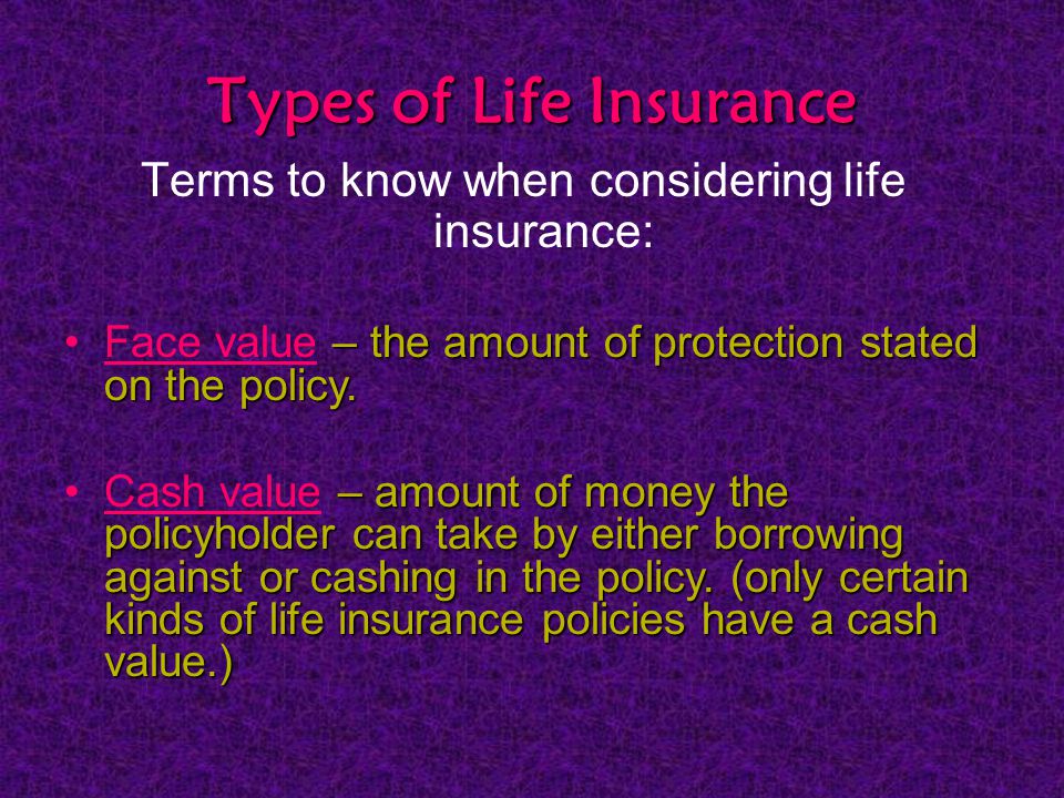 Types of Life Insurance Terms to know when considering life insurance: – the amount of protection stated on the policy.Face value – the amount of protection stated on the policy.