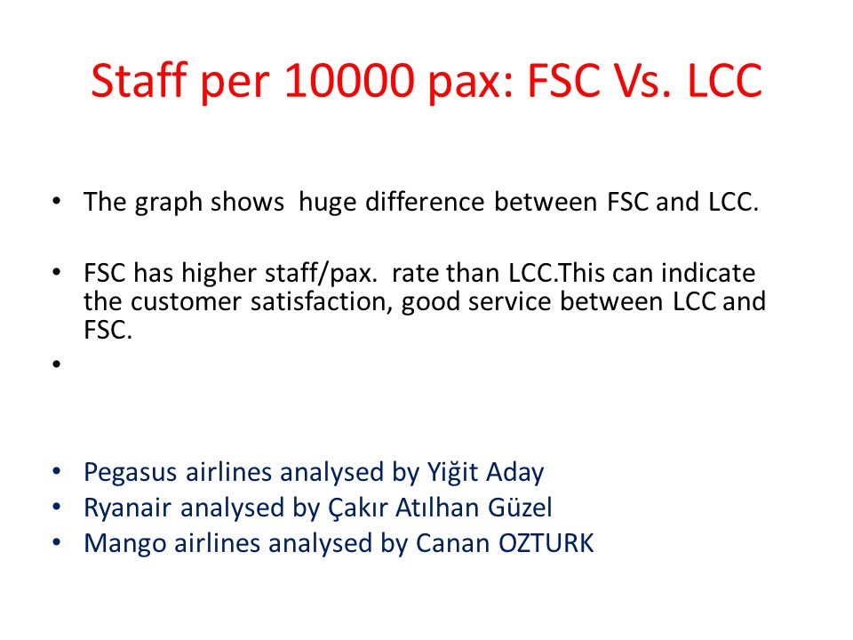Staff per pax: FSC Vs. LCC The graph shows huge difference between FSC and LCC.
