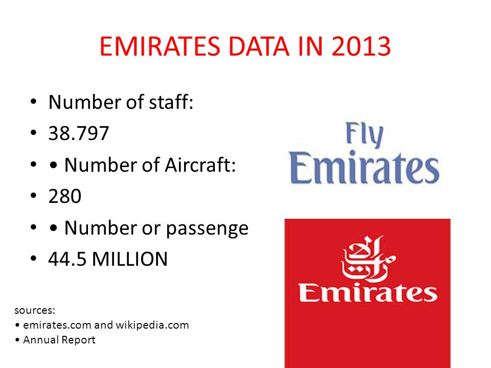 EMIRATES DATA IN 2013 Number of staff: Number of Aircraft: 280 Number or passengers: 44.5 MILLION sources: emirates.com and wikipedia.com Annual Report