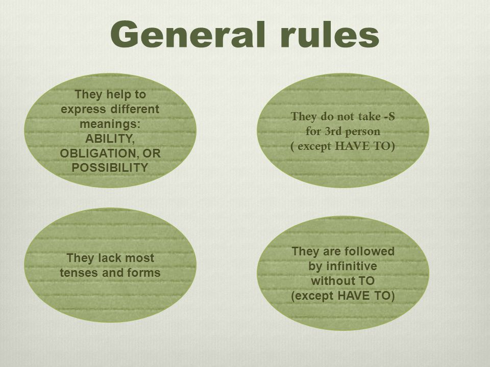 General rules They help to express different meanings: ABILITY, OBLIGATION, OR POSSIBILITY They do not take -S for 3rd person ( except HAVE TO) They lack most tenses and forms They are followed by infinitive without TO (except HAVE TO)