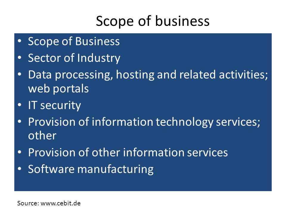Scope of Business Sector of Industry Data processing, hosting and related activities; web portals IT security Provision of information technology services; other Provision of other information services Software manufacturing Scope of business Source:
