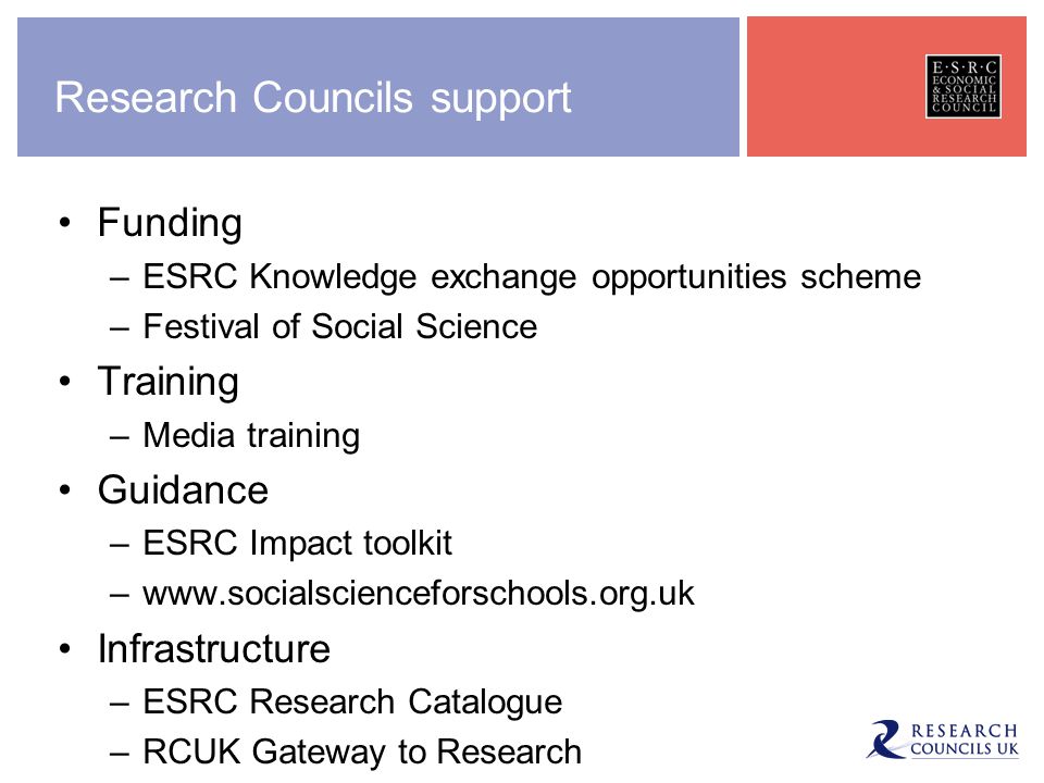 Research Councils support Funding –ESRC Knowledge exchange opportunities scheme –Festival of Social Science Training –Media training Guidance –ESRC Impact toolkit –  Infrastructure –ESRC Research Catalogue –RCUK Gateway to Research