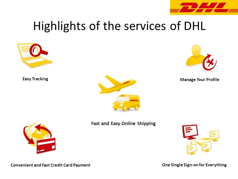 Highlights of the services of DHL Fast and Easy Online Shipping Easy Tracking One Single Sign-on for Everything Convenient and Fast Credit Card Payment Manage Your Profile