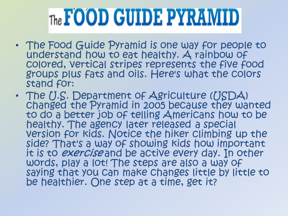 The Food Guide Pyramid is one way for people to understand how to eat healthy.