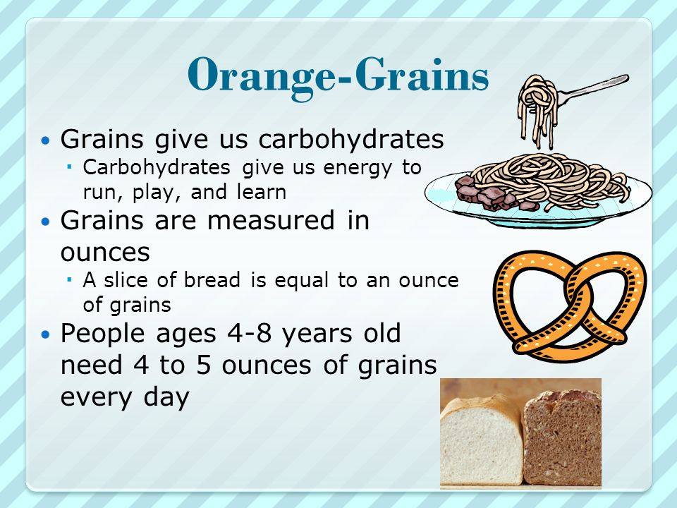 Orange-Grains Grains give us carbohydrates  Carbohydrates give us energy to run, play, and learn Grains are measured in ounces  A slice of bread is equal to an ounce of grains People ages 4-8 years old need 4 to 5 ounces of grains every day