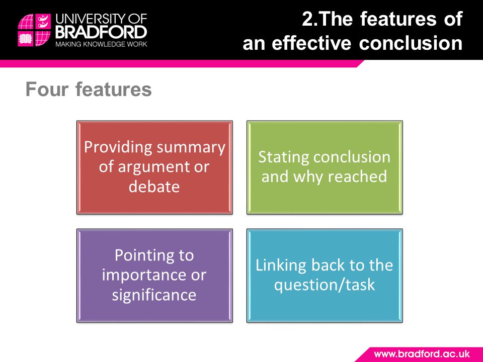 Four features 2.The features of an effective conclusion Providing summary of argument or debate Stating conclusion and why reached Pointing to importance or significance Linking back to the question/task