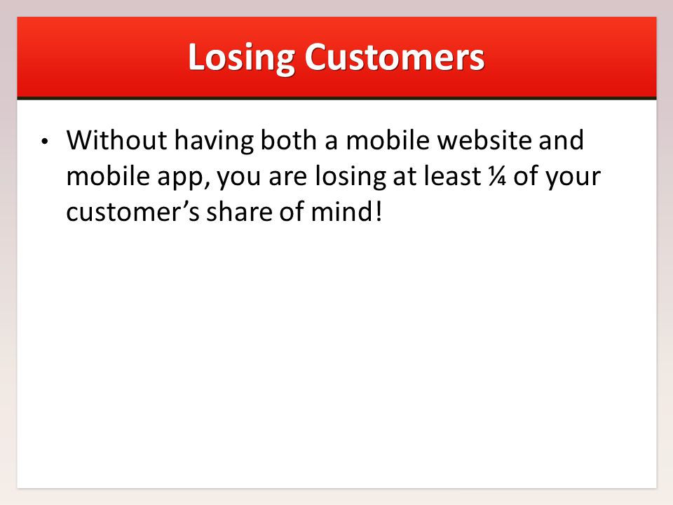 Losing Customers Without having both a mobile website and mobile app, you are losing at least ¼ of your customer’s share of mind!