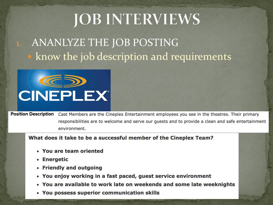 1. ANANLYZE THE JOB POSTING know the job description and requirements