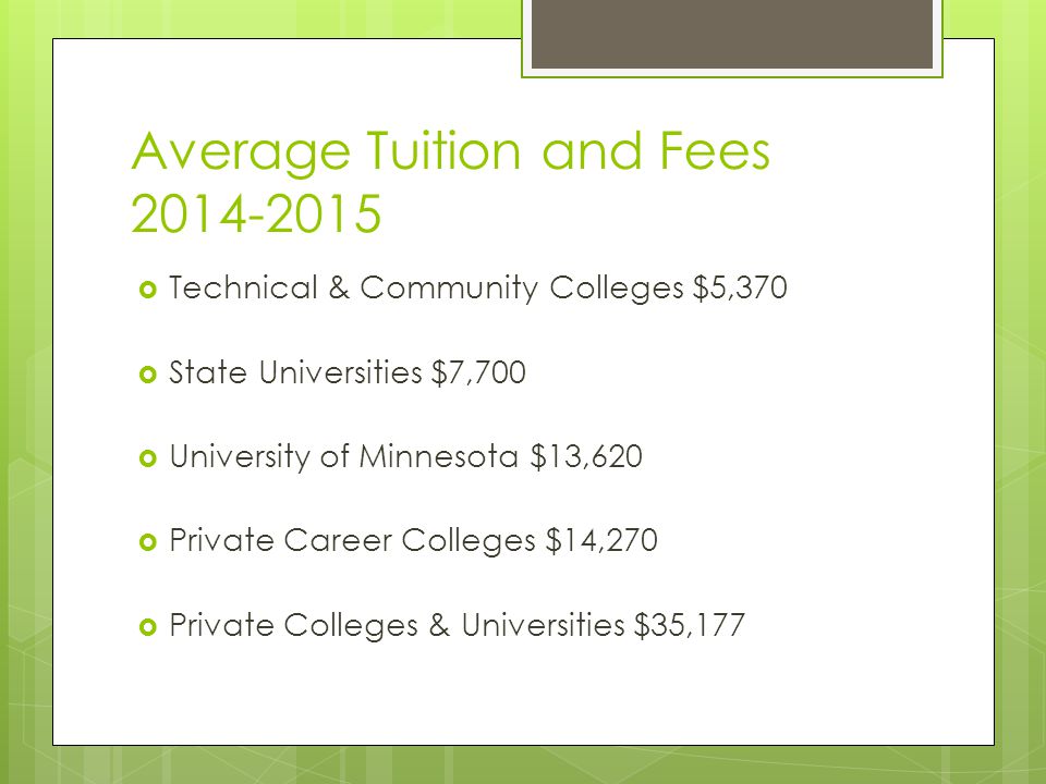Average Tuition and Fees  Technical & Community Colleges $5,370  State Universities $7,700  University of Minnesota $13,620  Private Career Colleges $14,270  Private Colleges & Universities $35,177