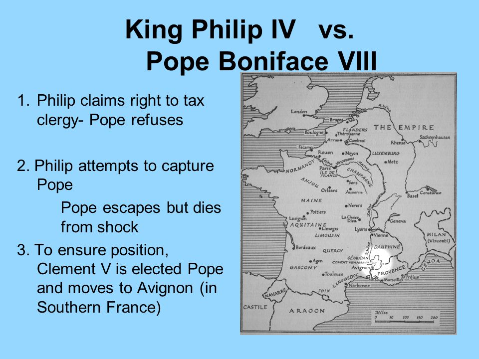 King Philip IV vs. Pope Boniface VIII 1.Philip claims right to tax clergy- Pope refuses 2.