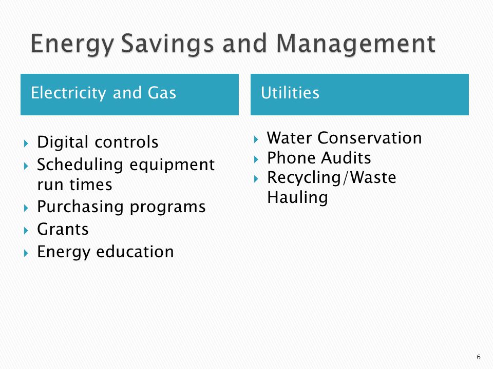 Electricity and GasUtilities  Digital controls  Scheduling equipment run times  Purchasing programs  Grants  Energy education  Water Conservation  Phone Audits  Recycling/Waste Hauling 6