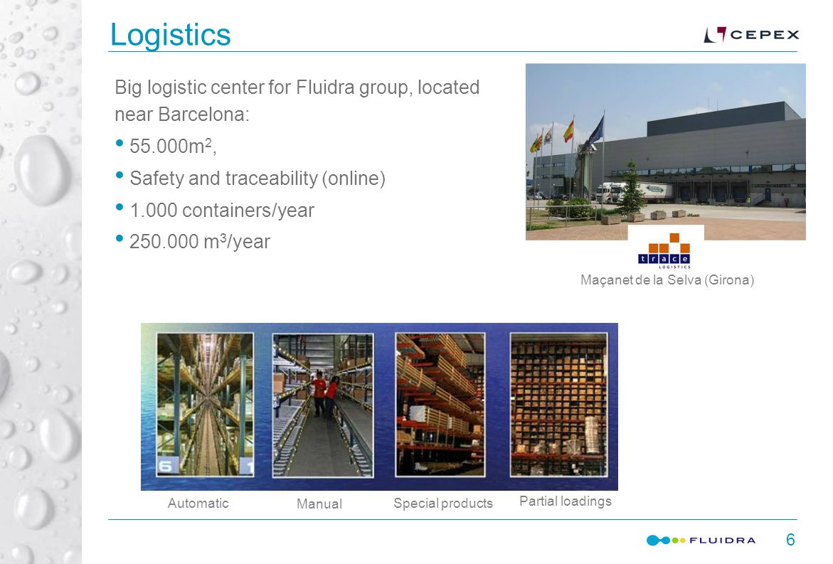Logistics 6 Big logistic center for Fluidra group, located near Barcelona: m 2, Safety and traceability (online) containers/year m 3 /year Automatic Manual Special products Partial loadings Maçanet de la Selva (Girona)