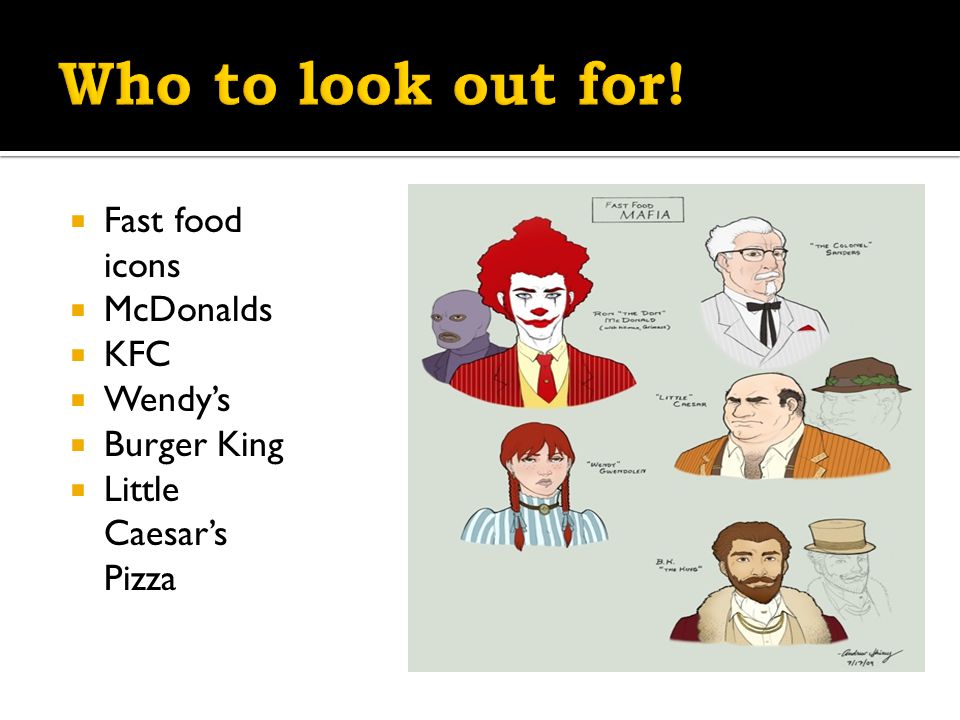  Fast food icons  McDonalds  KFC  Wendy’s  Burger King  Little Caesar’s Pizza