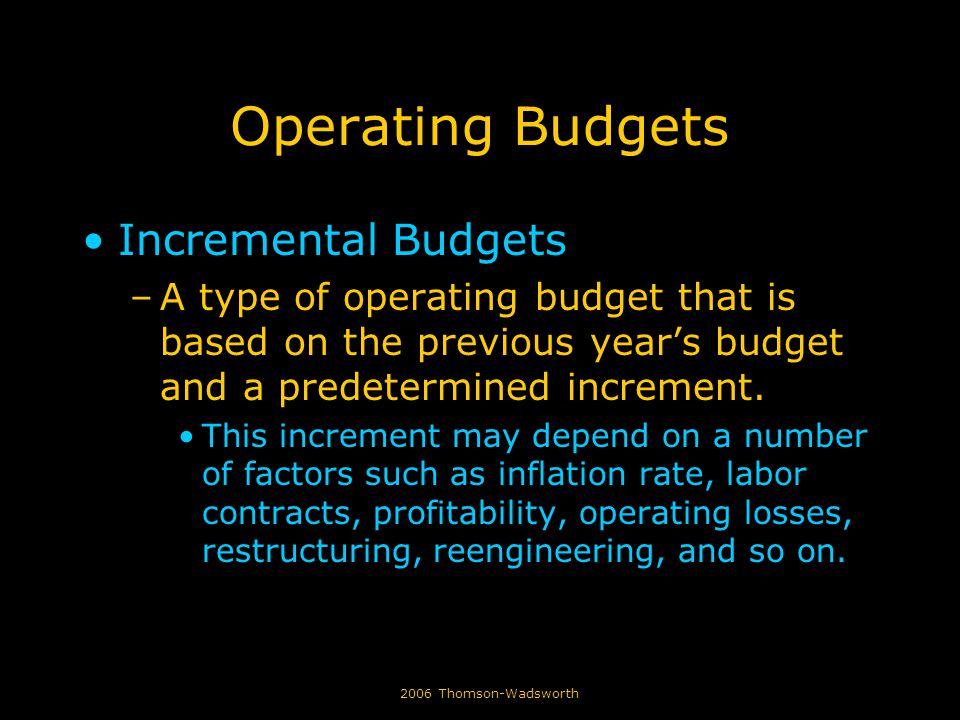 incremental budgeting Incremental budgeting is budgeting based on slight changes from the preceding period's budgeted results or actual results this is a common approach in businesses where management does not intend to spend a great deal of time formulating budgets, or where it does not perceive any great need to condu. incremental budgeting Incremental budgeting is budgeting based on slight changes from the preceding period's budgeted results or actual results this is a common approach in businesses where management does not intend to spend a great deal of time formulating budgets, or where it does not perceive any great need to condu.