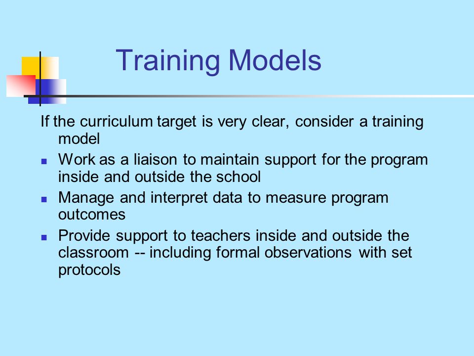 Training Models If the curriculum target is very clear, consider a training model Work as a liaison to maintain support for the program inside and outside the school Manage and interpret data to measure program outcomes Provide support to teachers inside and outside the classroom -- including formal observations with set protocols