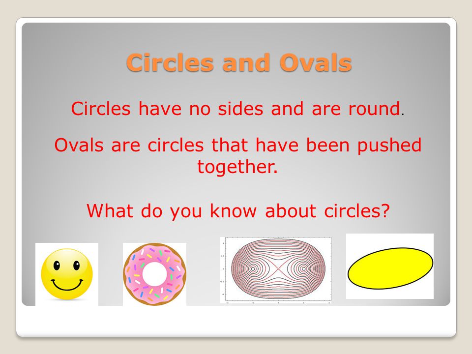 Circles and Ovals Circles have no sides and are round.