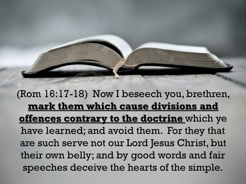 mark them which cause divisions and offences contrary to the doctrine (Rom 16:17-18) Now I beseech you, brethren, mark them which cause divisions and offences contrary to the doctrine which ye have learned; and avoid them.